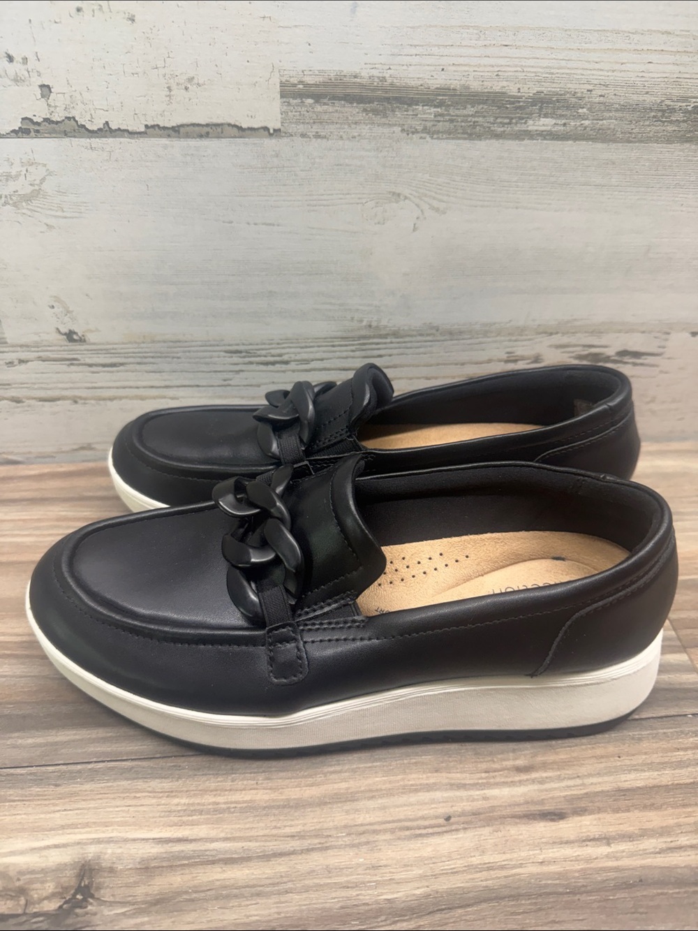 Clarks Zylah Top Wedge Leather Black White Loafer Size 9 M Women’s